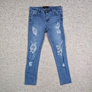 L&B Lucky & Blessed Blue Jeans Womens Size 10 Mid Rise Skinny Distressed Stretch